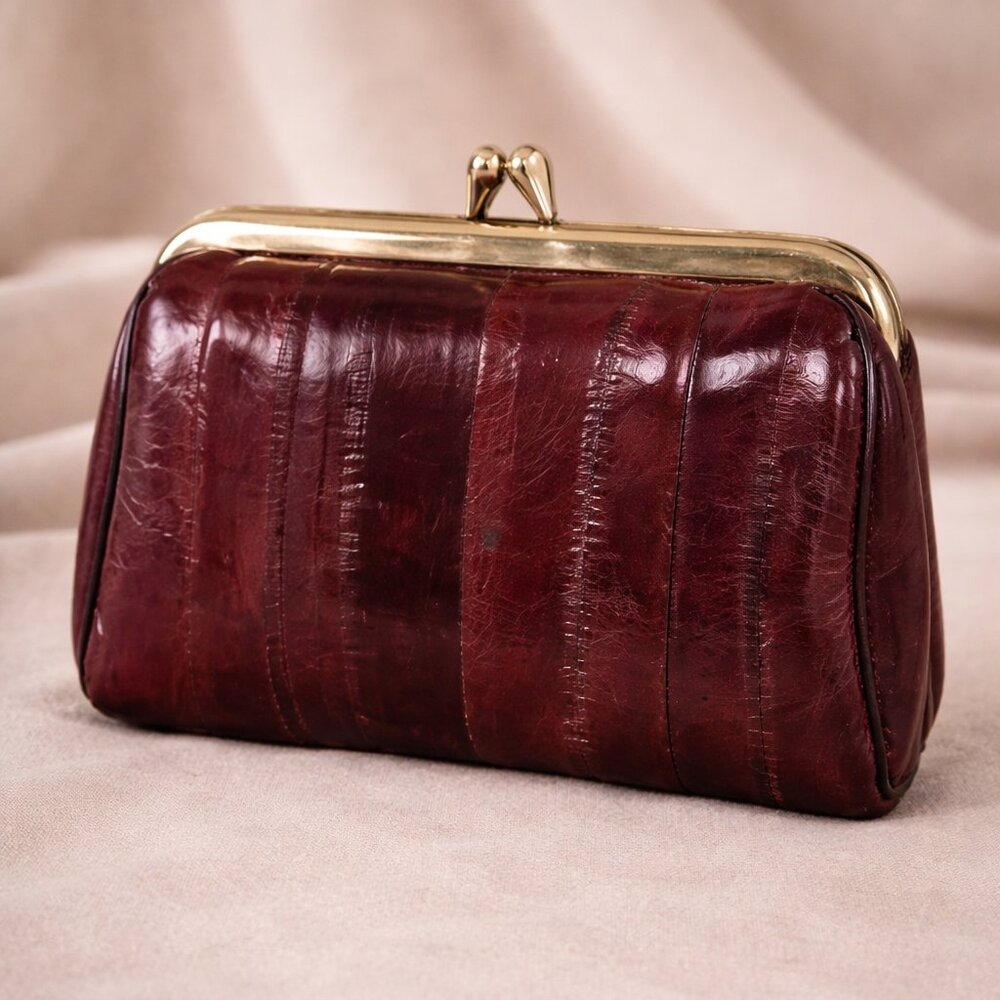 Vintage Genuine Eelskin Coin Purse Wallet Brown with Mirror